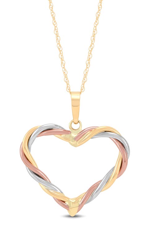 Tri-Tone 14K Gold Twisted Heart Pendant Necklace