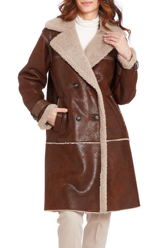 Faux Shearling Lined Faux Leather Coat