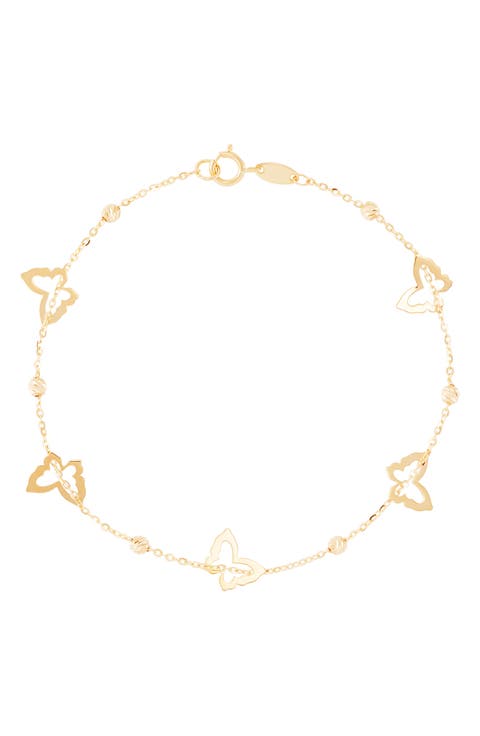 14K Yellow Gold Butterfly & Bead Station Chain Bracelet