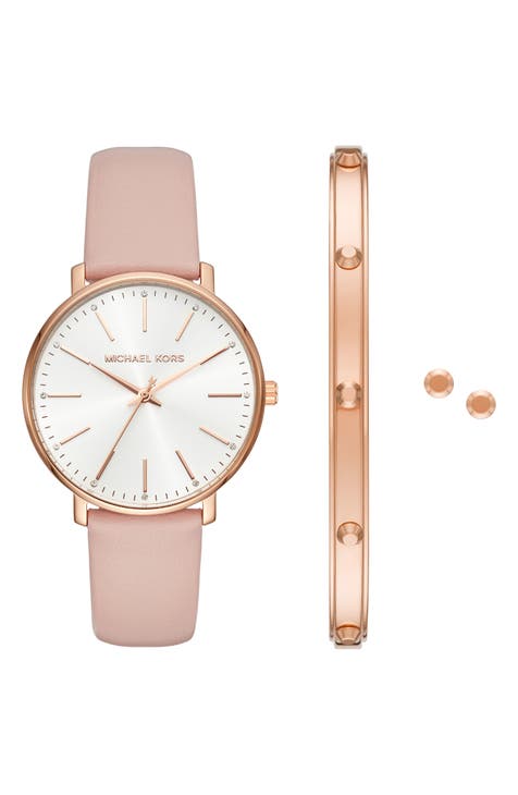 Pyper Reloj con correa de piel, pulsera y pendientes, 38 mm