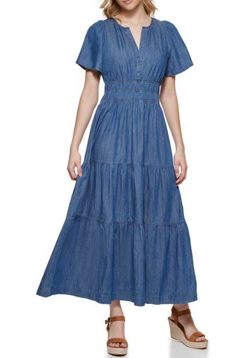 Vestido largo de cambray de manga corta