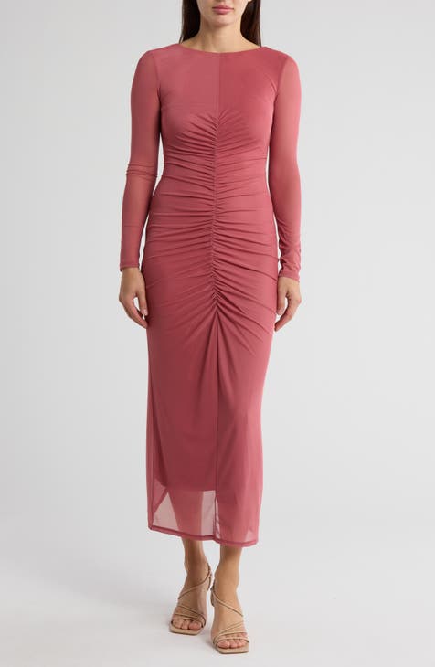 Vestido largo de malla fruncido de manga larga