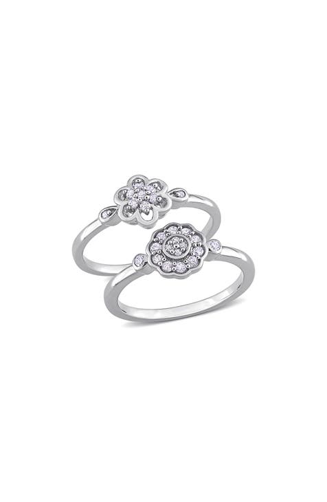 Juego De 2 Anillos De Diamantes Florales - 0.29ct.
