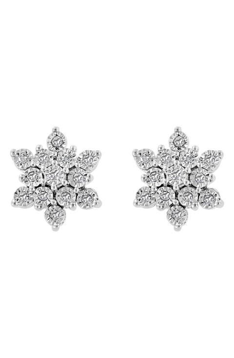 Floral Sterling Silver Diamond Stud Earrings - 0.13 ctw.