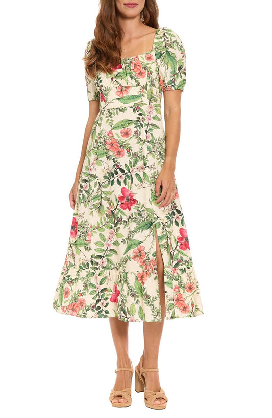 Floral Puff Sleeve Empire Waist Midi Dress