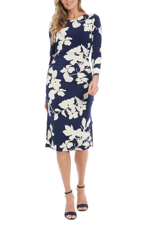 Vestido midi de punto floral de manga larga con pliegues laterales