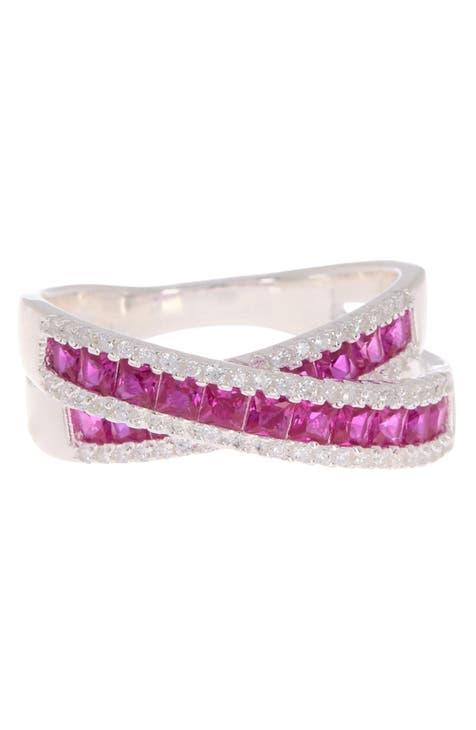 Anillo Cruzado CZ Blanco y Rojo de Plata de Ley