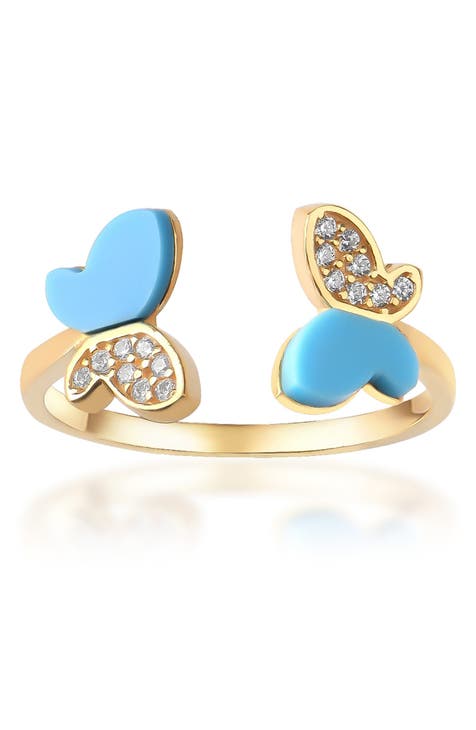 Anillo Envolvente Mariposa Tuquoise y CZ de Plata de Ley Chapado en Oro de 14K