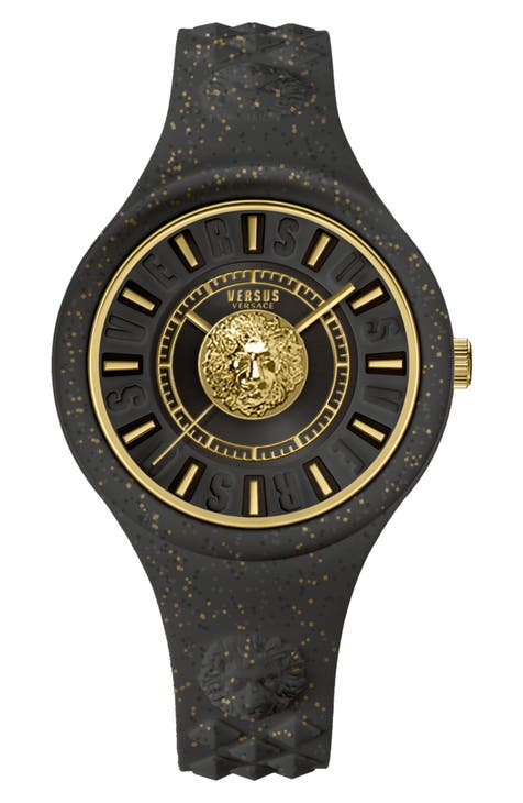 Reloj Versace Fire Island Lion Glitter Esfera Negra Correa de Silicona, 39mm