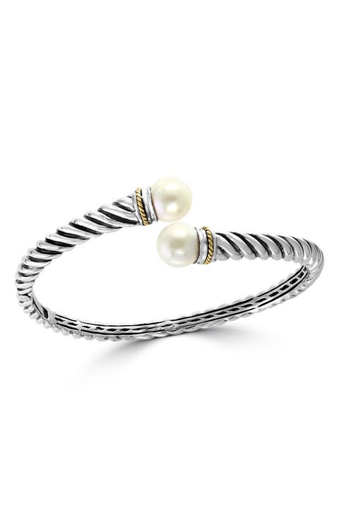 Sterling Silver & 18K Gold Cultured Freshwater Pearl Hinged Bracelet