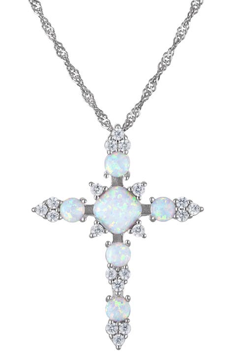 Sterling Silver Lab-Grown Opal Cross Pendant Necklace