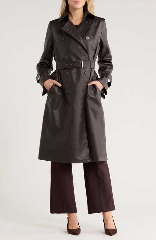 Faux Leather Long Trench Coat