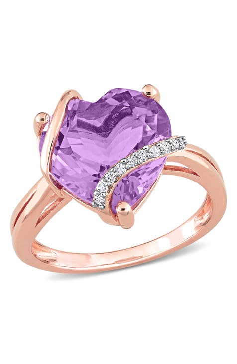 Anillo de oro rosa de 10 quilates con corazón de amatista y pavé de diamantes