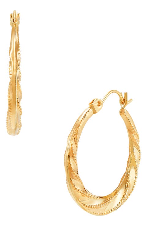 14K Yellow Gold Bead Textured Twisted Hoop Earrings