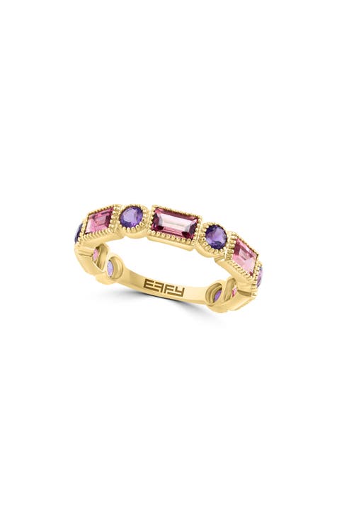 Anillo de oro amarillo de 14 quilates con turmalina rosa y amatista
