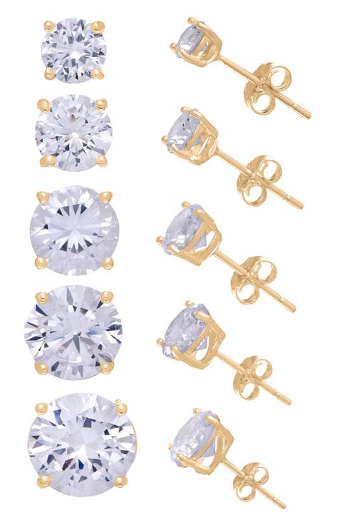 Set of 5 14K Gold Over Sterling Silver Cubic Zirconia Stud Earrings