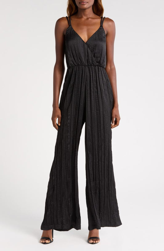 Surplice Neck Plissé Satin Jumpsuit