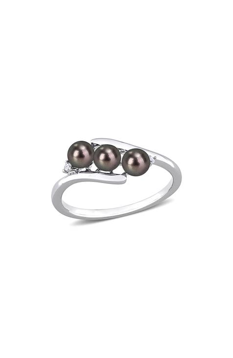 Anillo de plata de ley con perla de agua dulce negra de 3,5-4 mm y diamantes