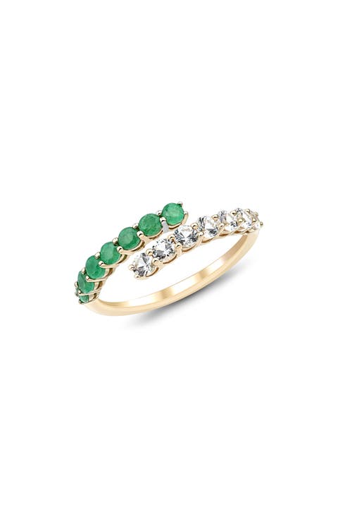 14K Yellow Gold Emerald & White Sapphire Bypass Ring