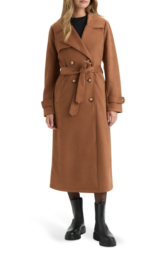Faux Suede Belted Double Breasted Trench Coat