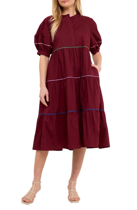 Vestido midi de algodón con mangas abullonadas escalonadas