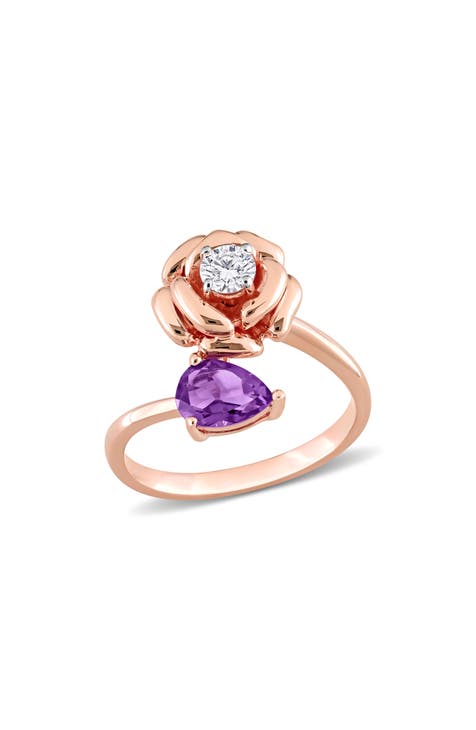 Anillo rosa de amatista africana talla pera y topacio blanco