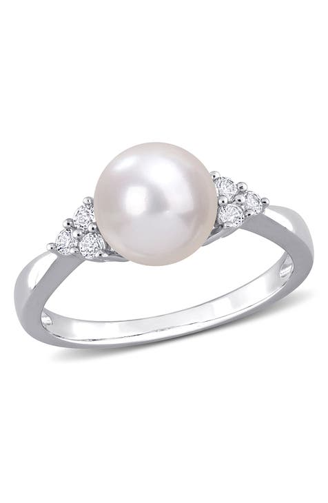 Anillo de plata de ley 8-8,5 mm Perla cultivada de agua dulce Topacio blanco