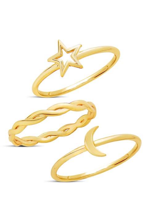 Anillos apilables Celestial de plata de ley bañados en oro amarillo de 14 quilates - Juego de 3
