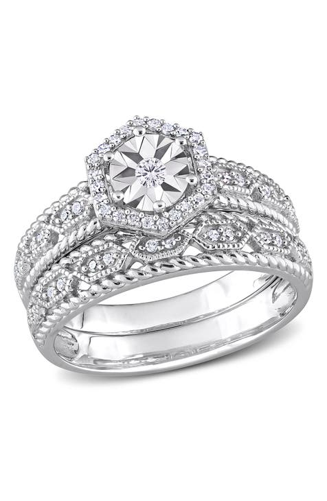 Anillo hexagonal de diamantes de plata de ley - 0,25 ctw