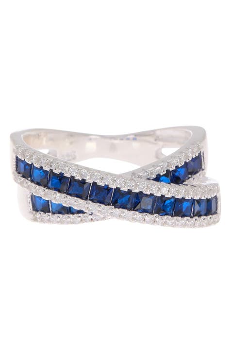 Anillo Cruzado CZ Azul y Blanco de Plata de Ley