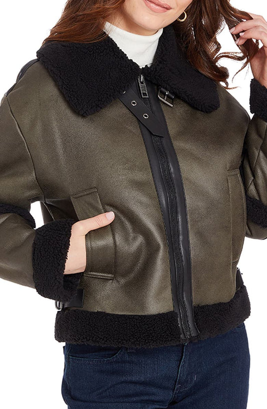 Water Resistant Faux Leather & Faux Shearling Jacket