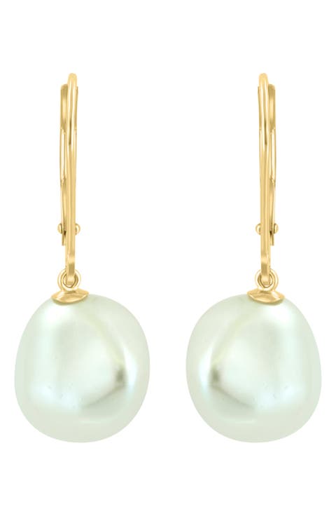 14K Yellow Gold 10mm Freshwater Pearl Drop Lever Back Earrings