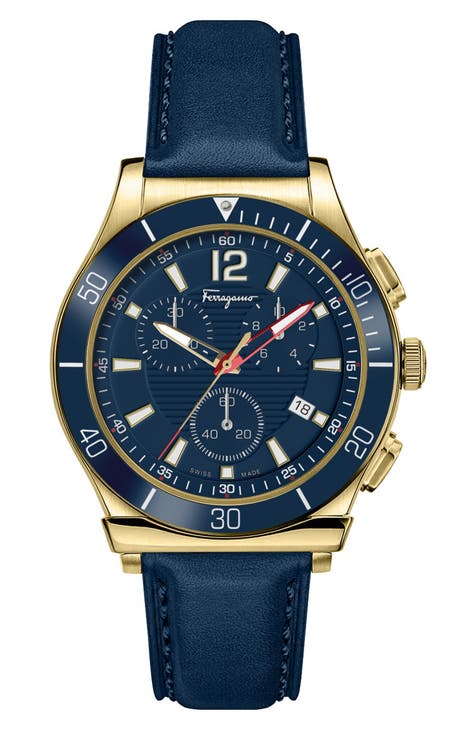 Reloj Ferragamo 1898 Sport Chrono de hombre, 44 mm x 12,3 mm, correa de piel, esfera azul