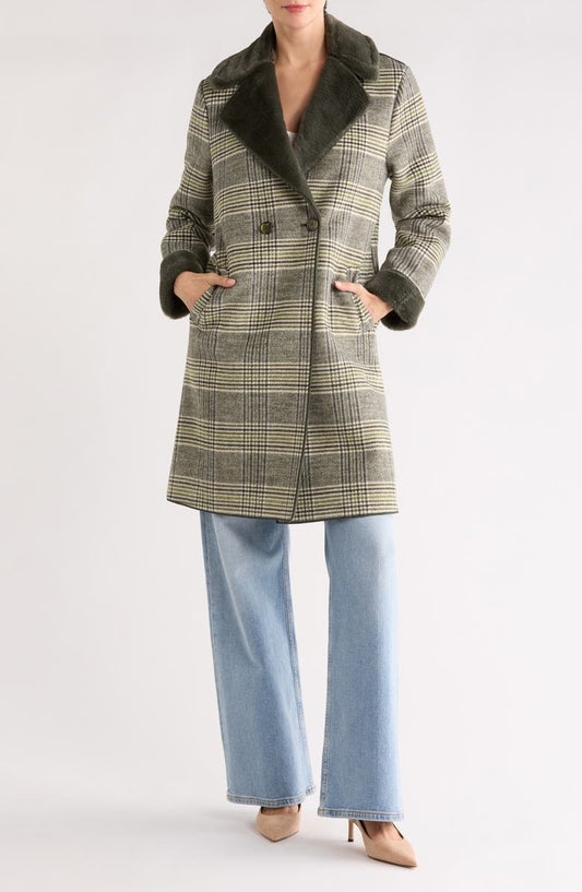 Plaid Faux Fur Trim Coat
