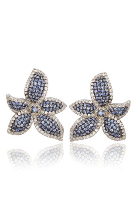 Floral Sterling Silver White Sapphire Blue Sapphire Brown Diamond Stud Earrings