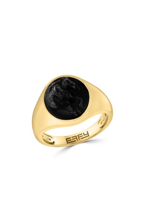 14K Gold Plated Sterling Silver Onyx Horse Signet Ring