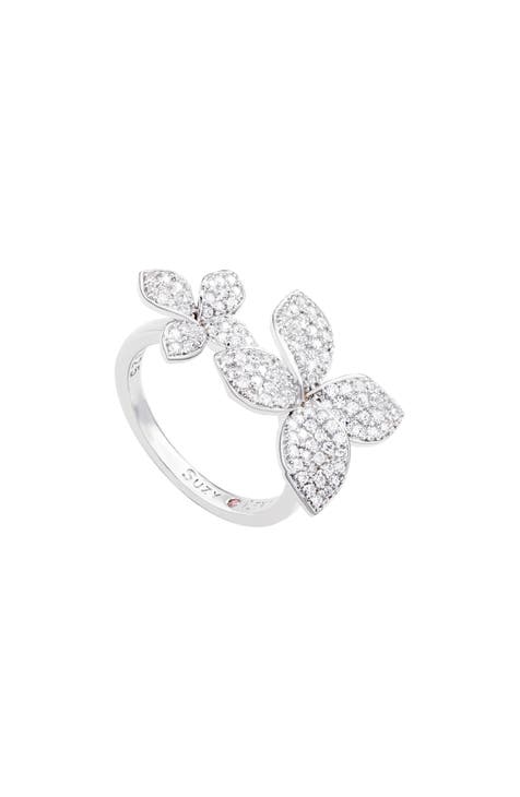 Anillo Doble Flor CZ de Plata de Ley