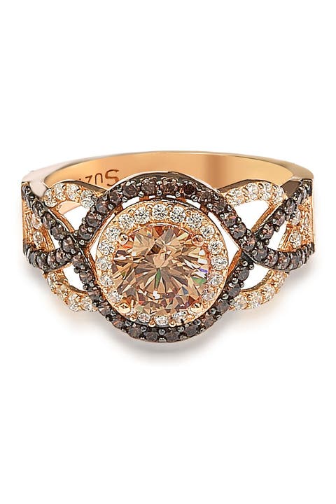 Anillo Nupcial Cruzado CZ Marrón y Blanco de Plata de Ley Tono Rosa