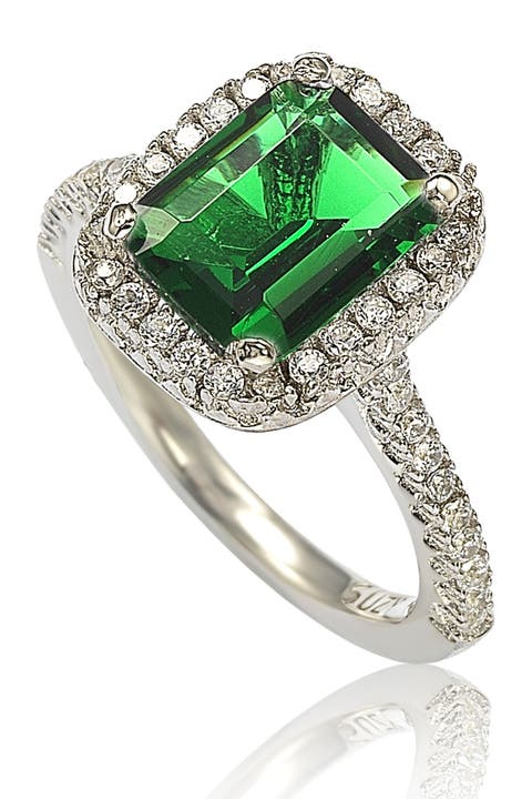 Anillo Halo CZ Verde Plata de Ley Corte Esmeralda