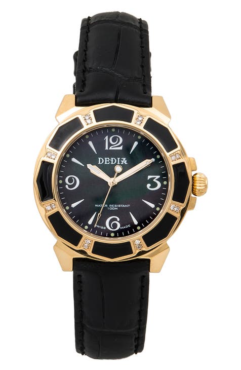 Reloj con correa de piel de cocodrilo Lily L, 33 mm x 36 mm