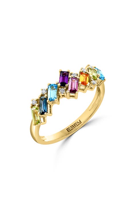 Anillo de Oro Amarillo de 14K con Piedras Arcoiris y Diamantes