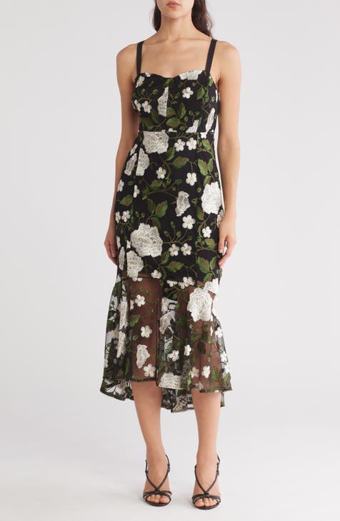 Vestido midi con falda de sirena y flores bordadas