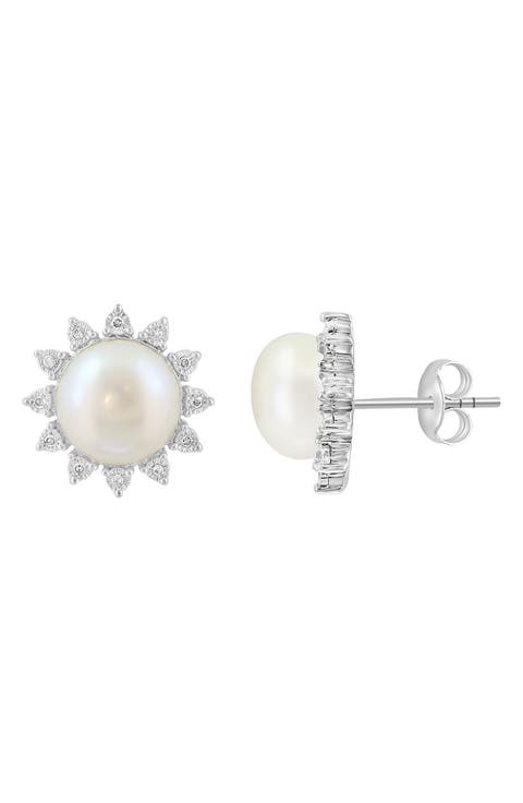 Sterling Silver Pearl Diamond Halo Stud Earrings