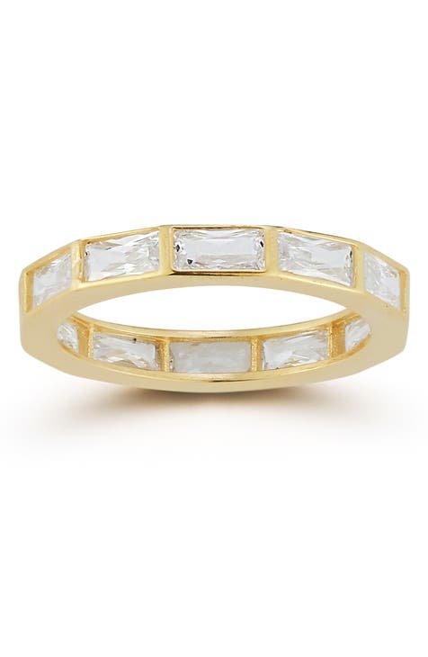 Anillo Baguette CZ de Plata de Ley Chapada - Talla 6