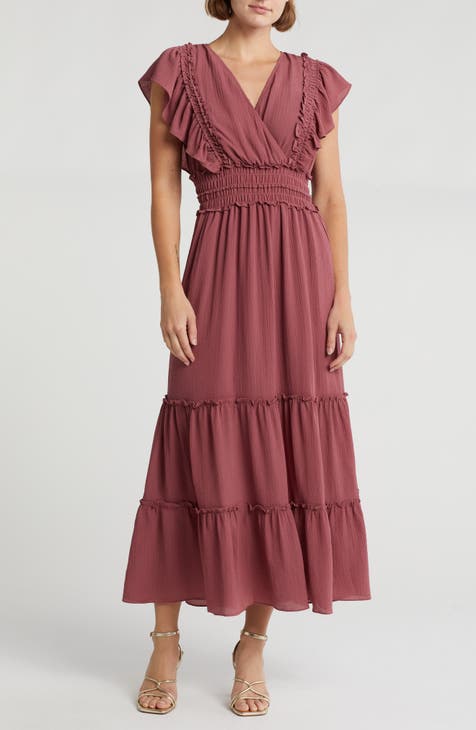 Vestido largo de crepé con mangas acampanadas Pebble