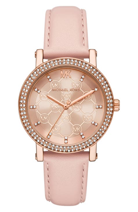 Reloj Corey Crystal Pavé de tres manecillas con correa de piel y cuarzo, 38 mm