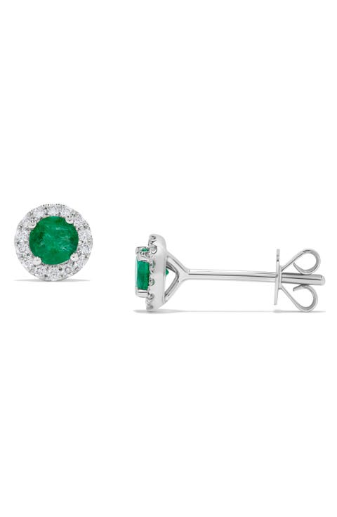 14K White Gold Emerald & Diamond Halo Stud Earrings