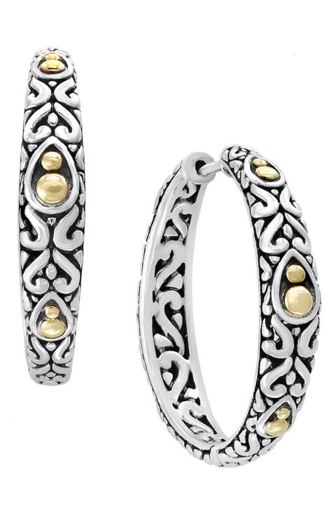 Two-Tone Bead & Scroll Hoop Earrings