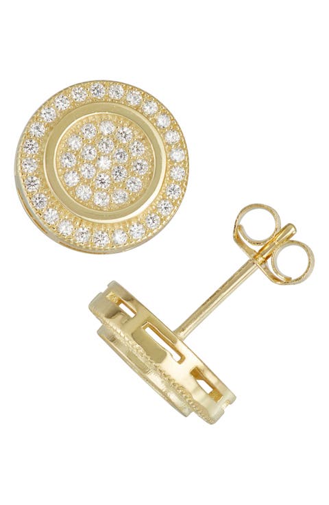 14K Gold Over Silver Pavé CZ Round Stud Earrings
