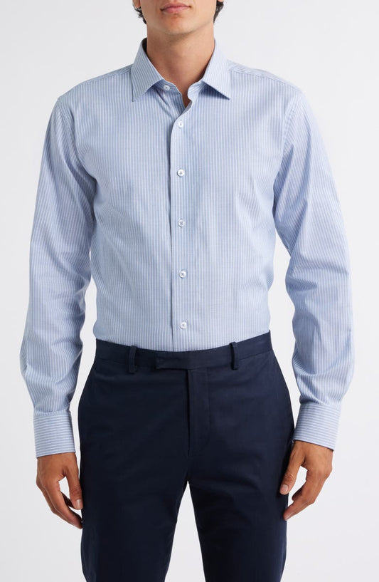 Trim Fit Textured Pinstripe Stretch Cotton Dress Shirt (Regular & Big)
